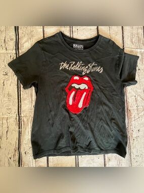 Lucky Brand Rolling Stones Black Short Sleeve Tee with Red Sequin Tongue